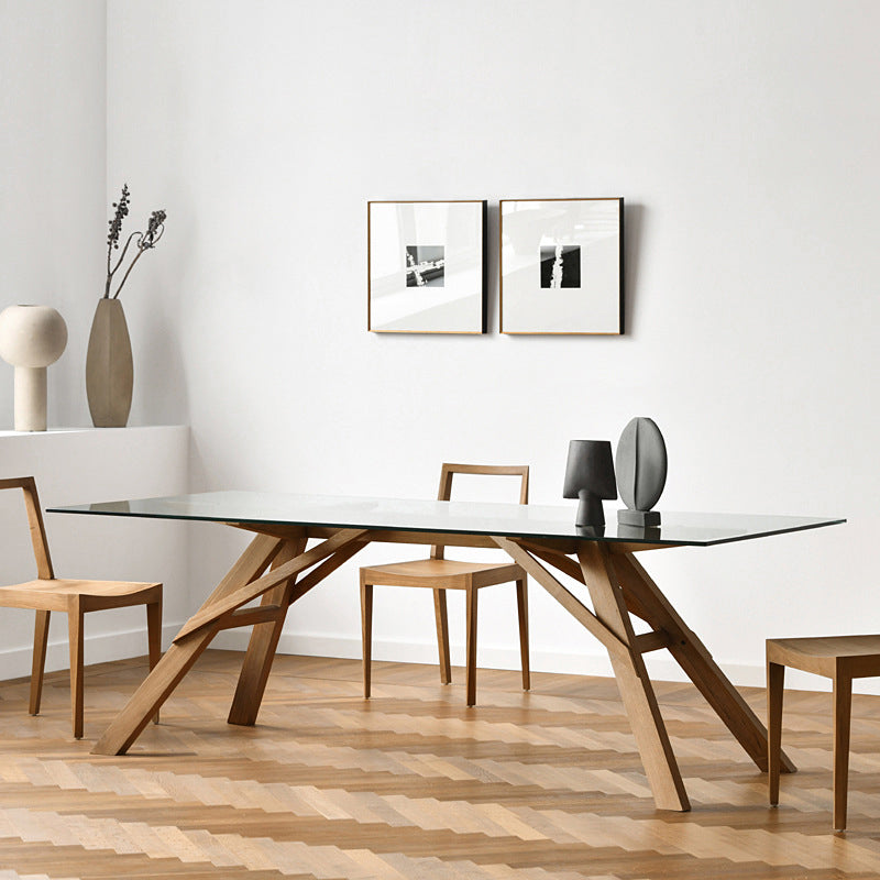 Table à manger en verre en verre moderne avec base en bois massif