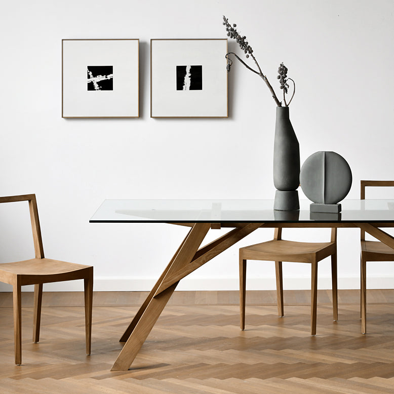 Table à manger en verre en verre moderne avec base en bois massif