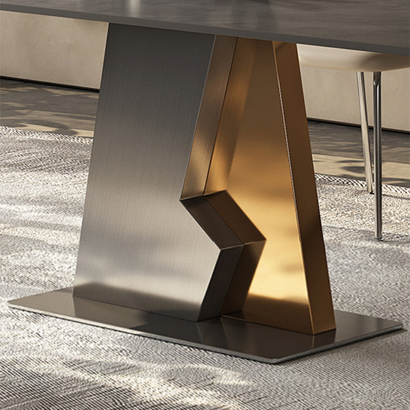 Table à manger en pierre industrielle industrielle dans une table à manger rectangulaire gris avec base de piédestal