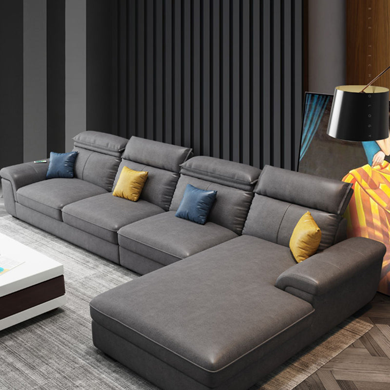 4-seat Sewn Pillow Back Faux Leather Sofa Vintage Pillow Top Arm Sofa 134"L x 71"W x 39"H Dark Gray Foam Clearhalo 'furn' 'furn_sectionals' 'Furniture' 'Living Room Furniture' 'Sectionals' 5186833