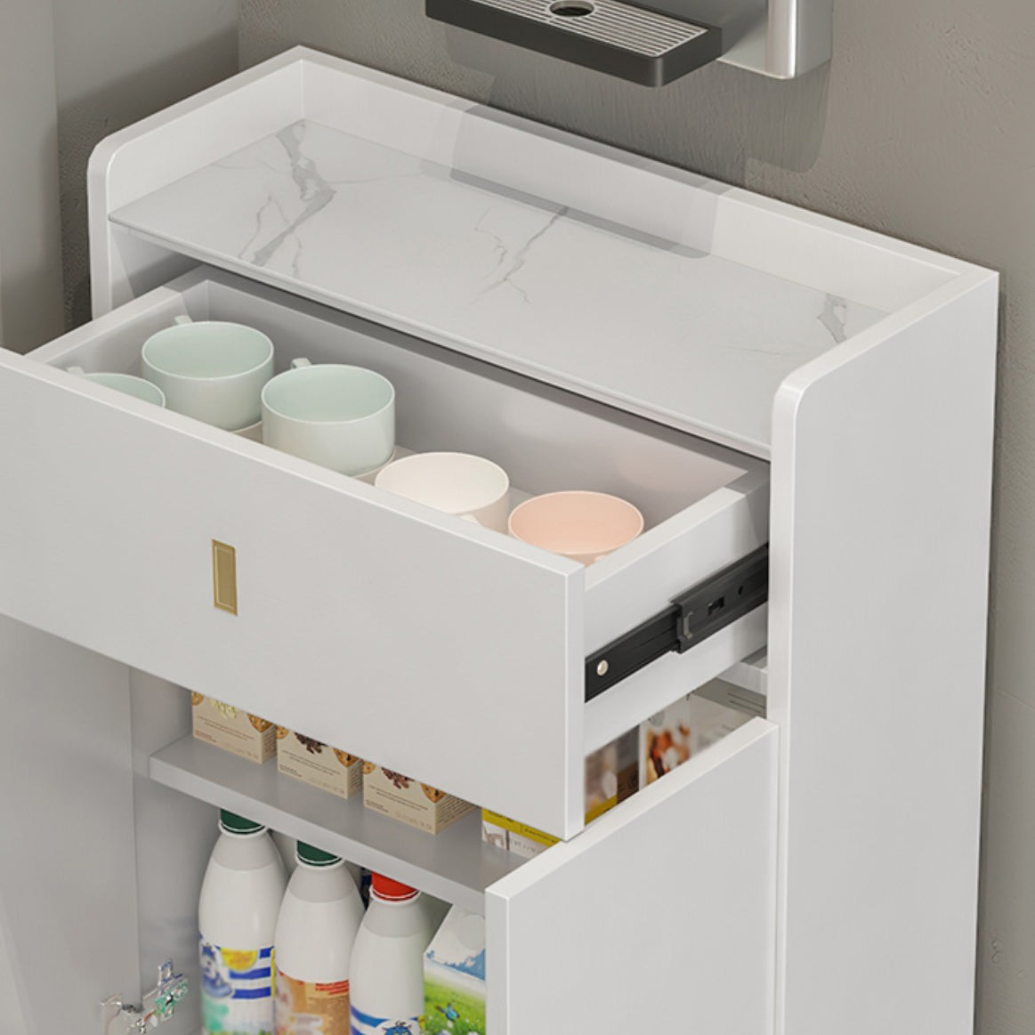 Pista de madera blanca de 1 cortavadora servidor moderno con encimera de piedra para sala de estar