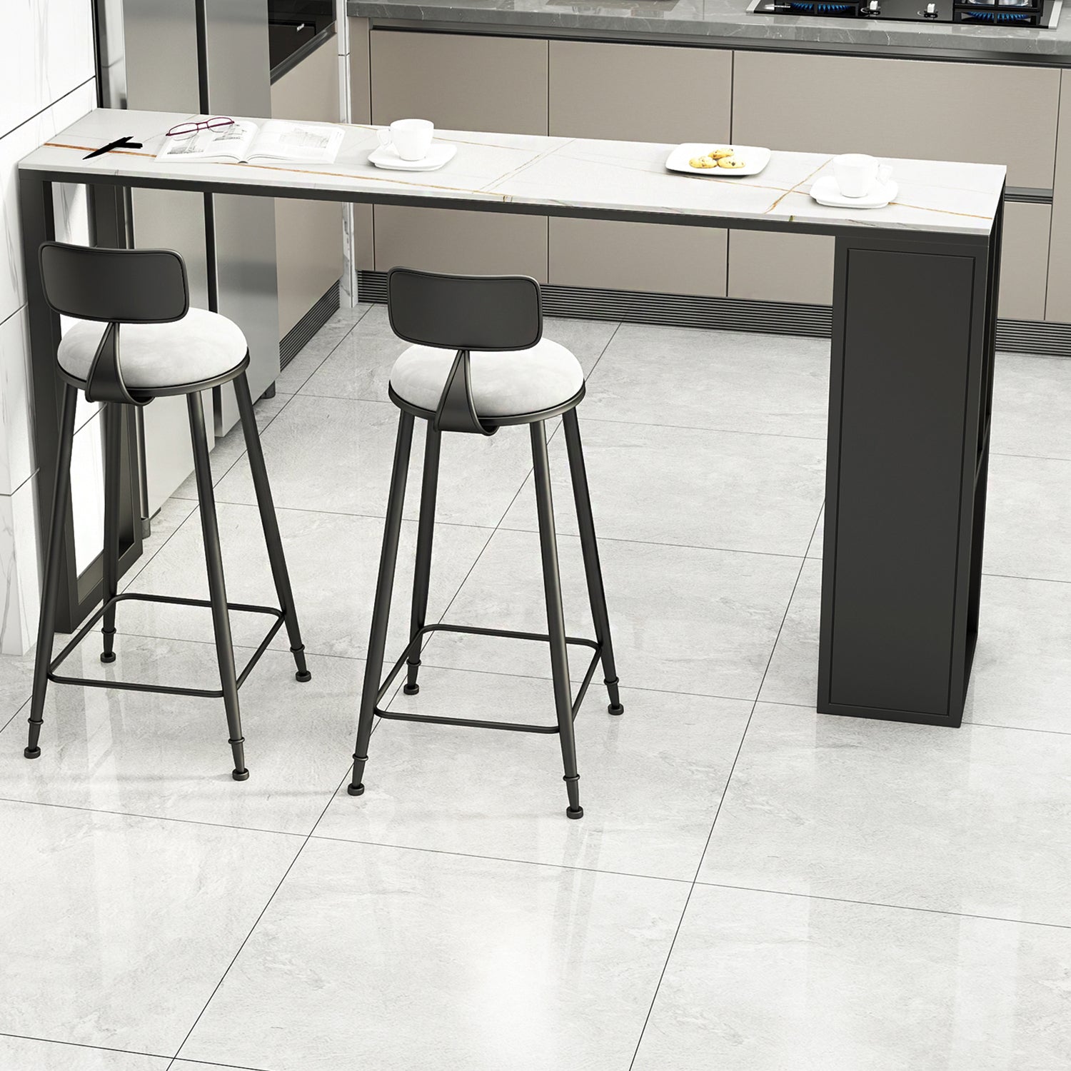 Modern Rectangle Bar Dining Table Double Pedestal Bar Table with Shelves 63"L x 15.7"W x 41.3"H White Without Chairs Clearhalo 'Bar Furniture' 'Bar Tables' 'bar_tables' 'furn' 'furn_bar_tables' 'Furniture' 'Kitchen & Dining Furniture' 5191079