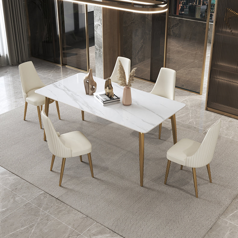 Luxury Sintered Stone Dining Table Rectangle White Table with Metal 4 Legs in Gold