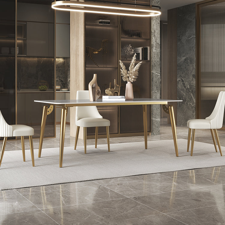 Luxury Sintered Stone Dining Table Rectangle White Table with Metal 4 Legs in Gold