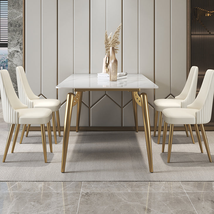Luxury Sintered Stone Dining Table Rectangle White Table with Metal 4 Legs in Gold