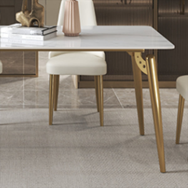 Luxury Sintered Stone Dining Table Rectangle White Table with Metal 4 Legs in Gold