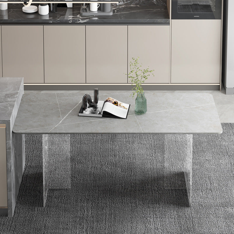 Rectangle moderne en pierre fritrée supérieure à manger avec un piédestal double acrylique clair