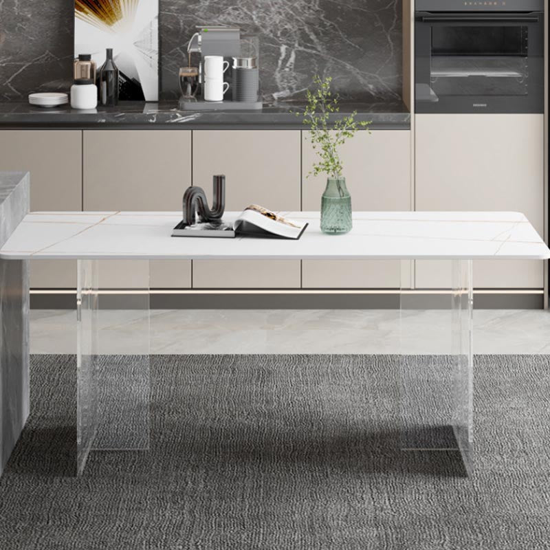 Rectangle moderne en pierre fritrée supérieure à manger avec un piédestal double acrylique clair