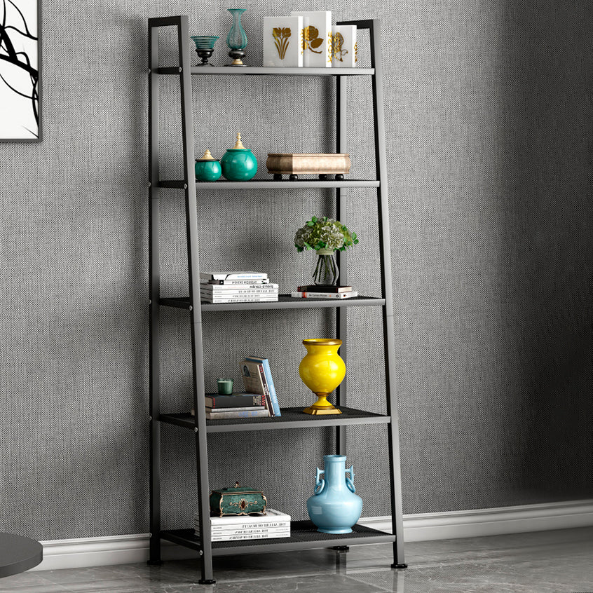 Modern Style Ladder Bookshelf Open Back Metal Bookcase for Home 23.6"L x 13.8"W x 58.3"H Gloss Black Clearhalo 'Bookcases' 'furn' 'furn_bookcases' 'Furniture' 'Office Furniture' 5202959