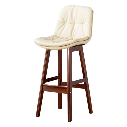 Scandinavian Leather Bar Stool 27.95'' Low Back Rubberwood Stool Off-White Brown 1 Piece