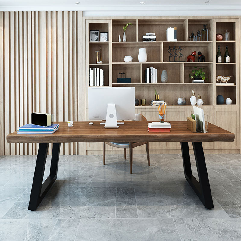 Industrial Rectangle Solid Wood Standard Height Double Pedestal Dining Table 55.1"L x 27.6"W x 29.5"H Without Chairs Clearhalo 'Dining Tables & Seating' 'Dining Tables' 'dining_table' 'furn' 'furn_dining_table' 'Furniture' 'Kitchen & Dining Furniture' 5207765