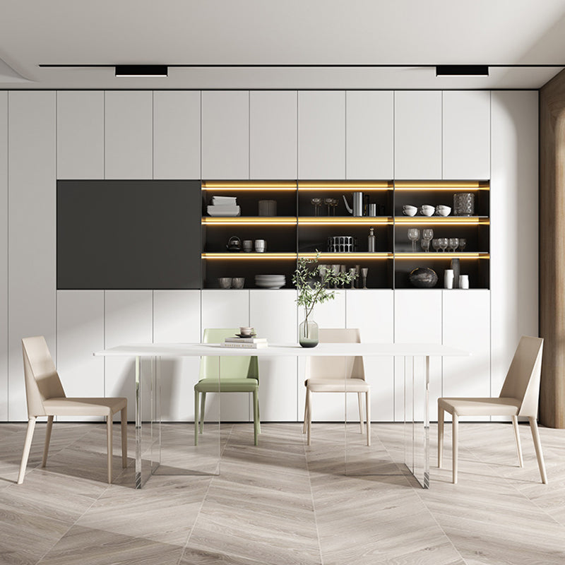 Mesa de comedor rectangular moderna Mesa base acrílica de piedra sinterizada blanca