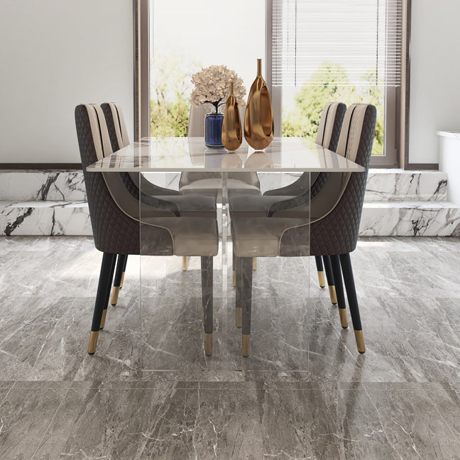 Mesa de comedor de piedra sinterizada moderna mesa de doble pedestal con base acrílica para el hogar