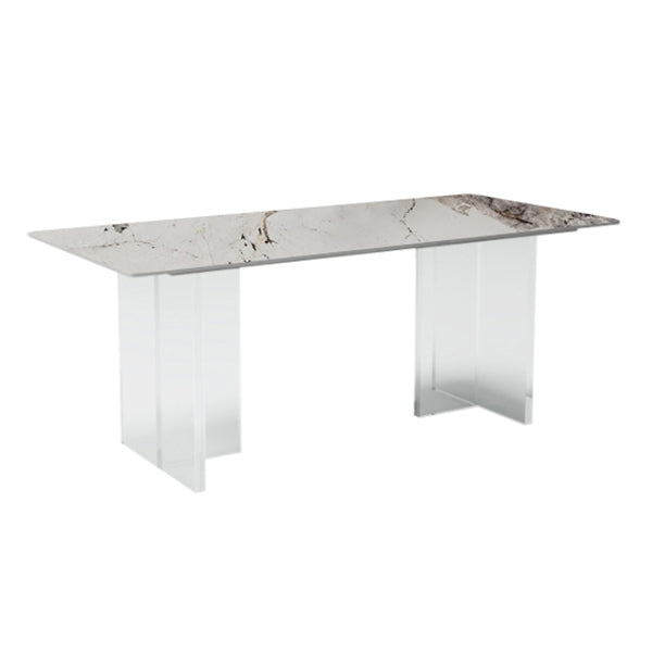 Mesa de comedor de piedra sinterizada moderna mesa de doble pedestal con base acrílica para el hogar