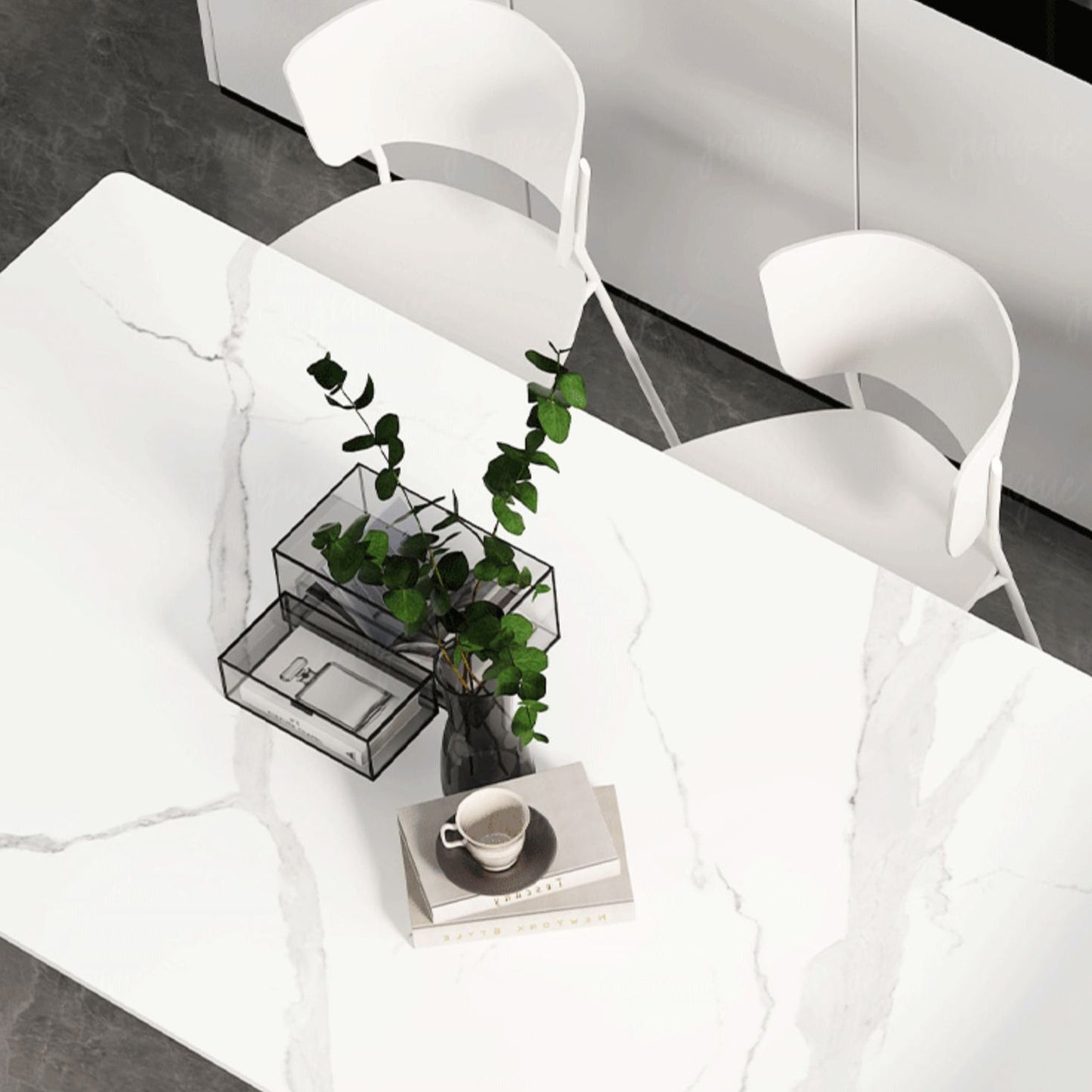 Mesa de comedor de piedra sinterizada moderna mesa de doble pedestal con base acrílica para el hogar