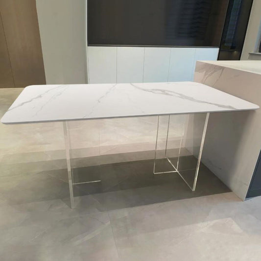 Mesa de comedor de piedra sinterizada moderna mesa de doble pedestal con base acrílica para el hogar