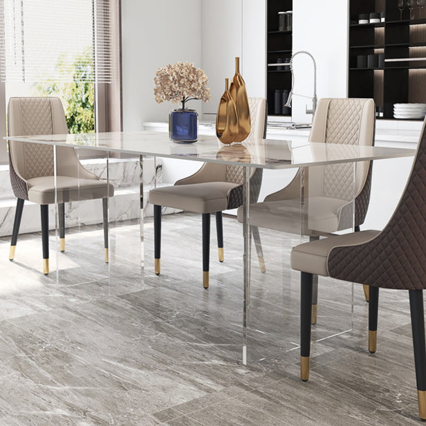 Mesa de comedor de piedra sinterizada moderna mesa de doble pedestal con base acrílica para el hogar
