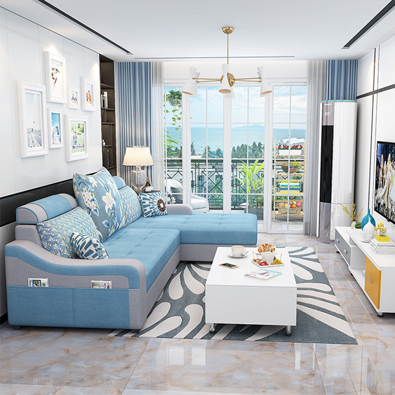 Contemporary Linen L-Shape Sloped Arms Furniture Sectionals for 3 People