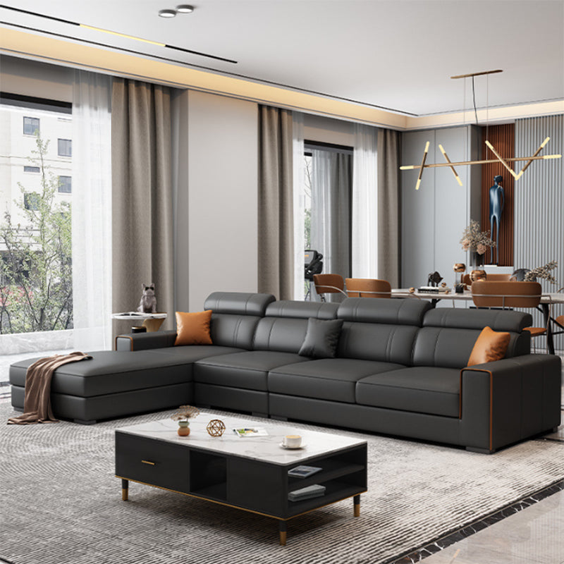 Dark Grey Faux Leather Sectional with Square Arm for Living Room
