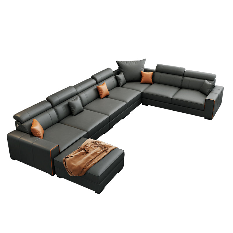 Dark Grey Faux Leather Sectional with Square Arm for Living Room