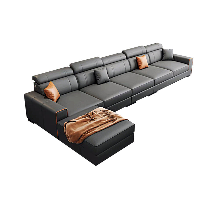 Dark Grey Faux Leather Sectional with Square Arm for Living Room