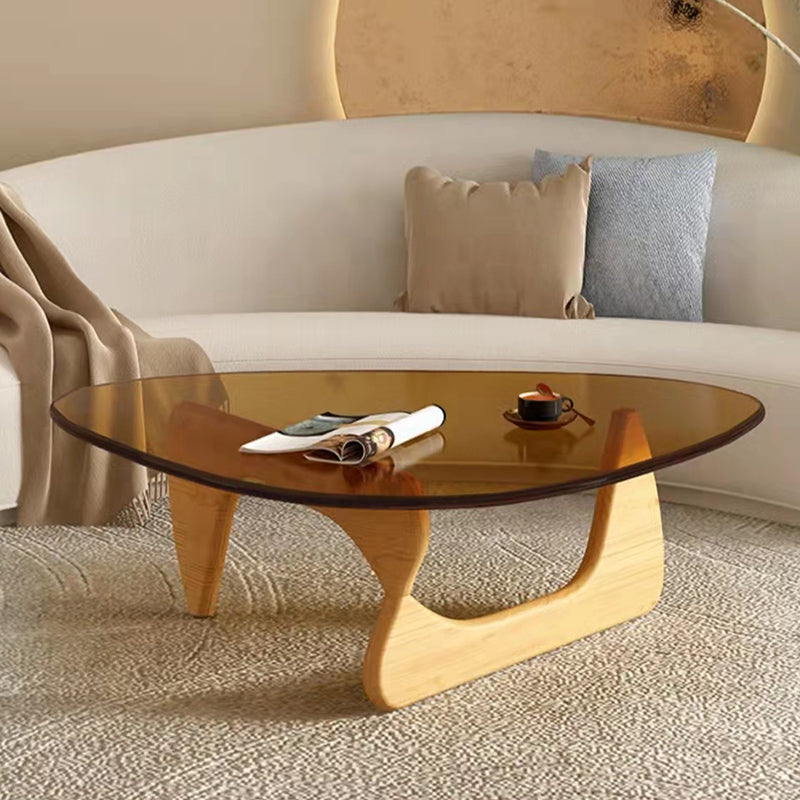 Contemporary Abstract Wooden Base Irregular Glass Top Coffee Table Natural Brown Clearhalo 'Coffee & Accent Tables' 'Coffee Tables' 'coffee_tables' 'furn' 'furn_coffee_tables' 'Furniture' 'Living Room Furniture' 5211938