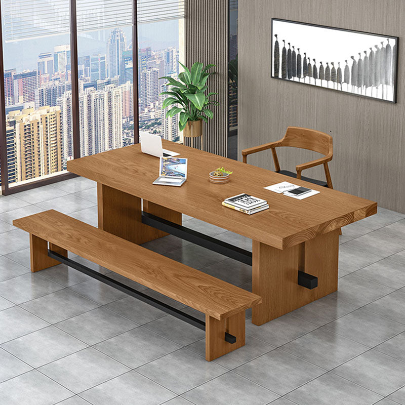 Rectangle Double Pedestal Dining Table Industrial Natural Wood and Metal Table