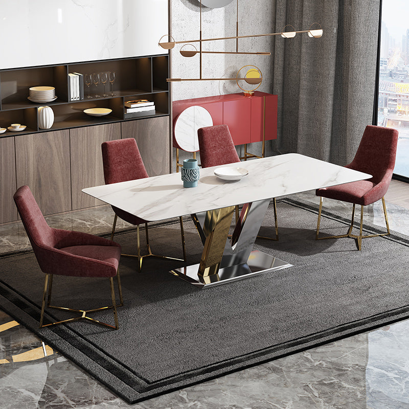 Luxury Sintered Stone Top Table Rectangle Table with Pedestal in Gold and Silver