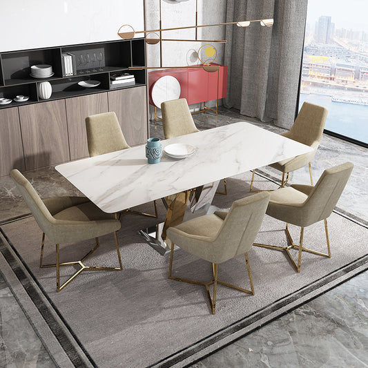 Mesa de mesa superior de piedra sinterizada de lujo con pedestal en oro y plata