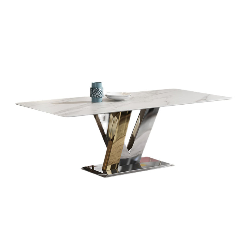 Luxury Sintered Stone Top Table Rectangle Table with Pedestal in Gold and Silver