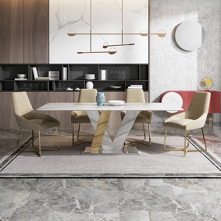 Luxury Sintered Stone Top Table Rectangle Table with Pedestal in Gold and Silver