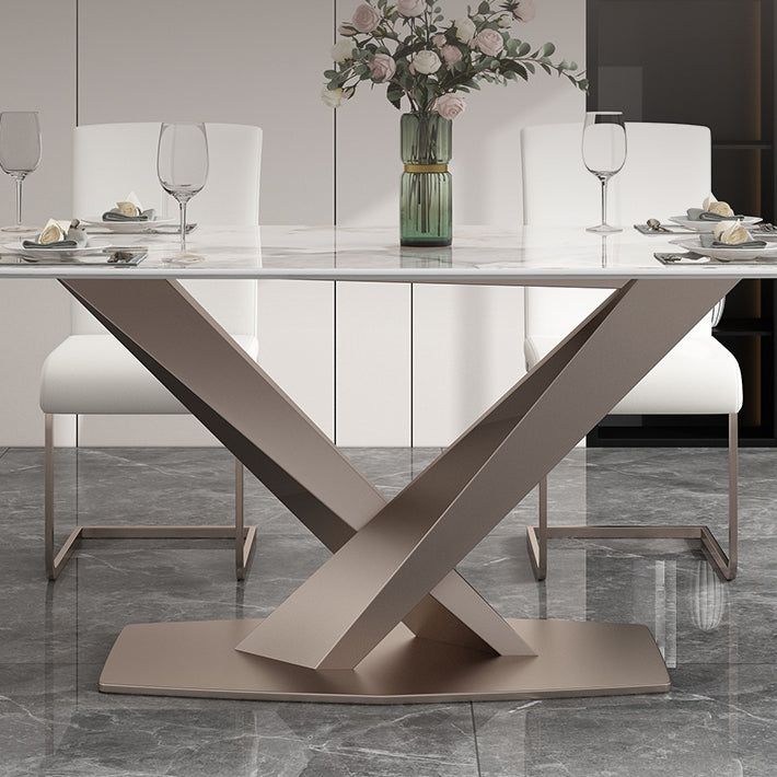 Luxury Sintered Stone Dining Table Rectangle Indoor Table with Gold Metal Pedestal