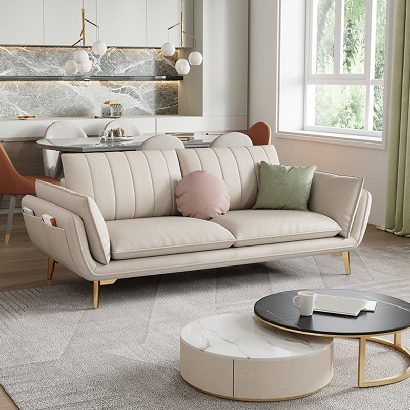 Canapé scandinave en faux cuir avec rangement, canapé à bras évasé avec oreillers