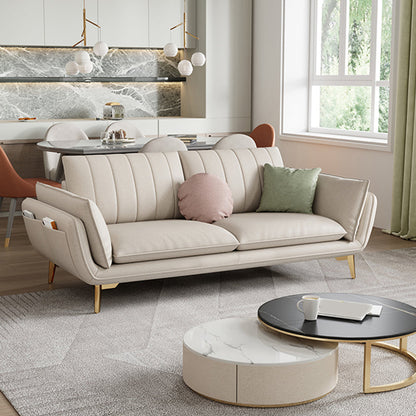 Sofá de cuero de imitación escandinava con almacenamiento, sofá de brazo acampanado con almohadas