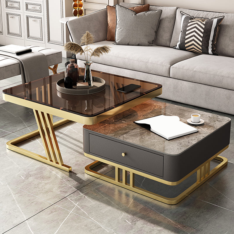 Glam Frame Couchtisch, Glas/Schiefer, quadratischer Cocktailtisch mit Schublade
