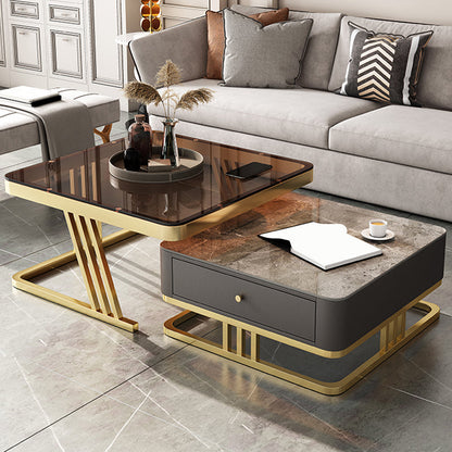 Glam Frame Couchtisch, Glas/Schiefer, quadratischer Cocktailtisch mit Schublade