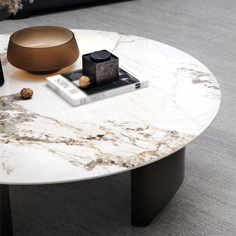 Modern Style Round Coffee Table with Iron Craft Black Base and Rock Slab White Top Clearhalo 'Coffee & Accent Tables' 'Coffee Tables' 'coffee_tables' 'furn' 'furn_coffee_tables' 'Furniture' 'Living Room Furniture' 5219278