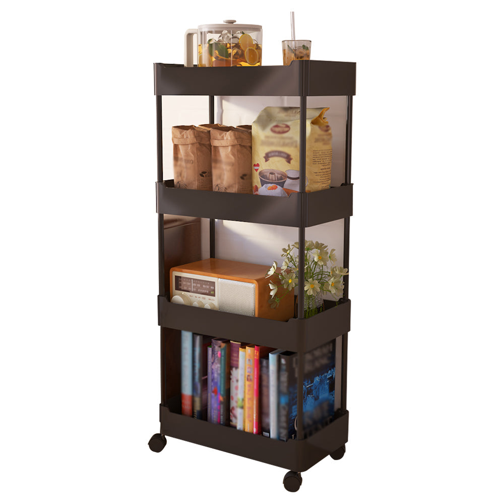 Modern Metal Frame Etagere Bookshelf White and Black Bookcase with Caster Wheels 15"L x 8.3"W x 33.5"H Black Clearhalo 'Bookcases' 'furn' 'furn_bookcases' 'Furniture' 'Office Furniture' 5220467