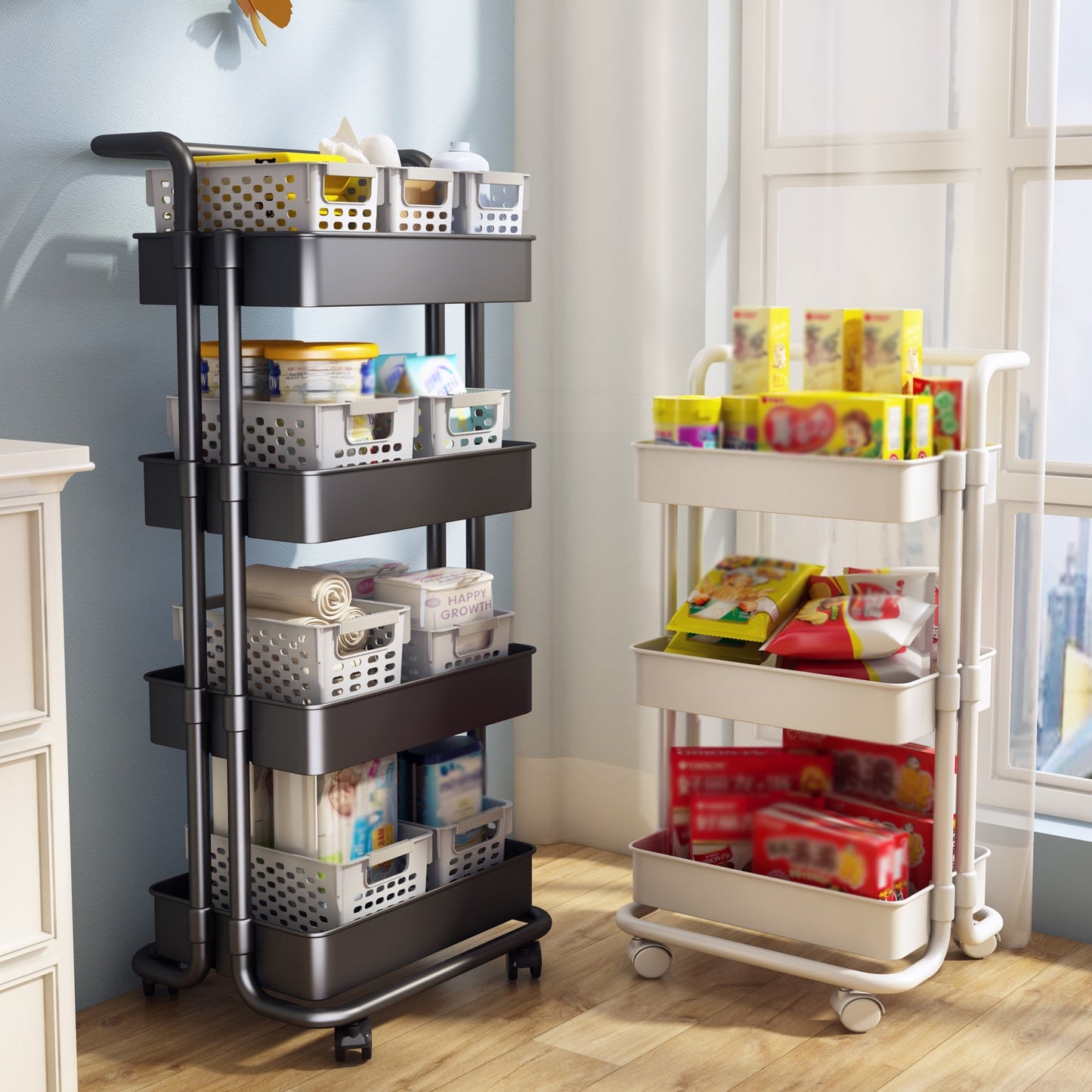 Modern Metal Frame Etagere Bookshelf White and Black Bookcase with Caster Wheels Clearhalo 'Bookcases' 'furn' 'furn_bookcases' 'Furniture' 'Office Furniture' 5220470