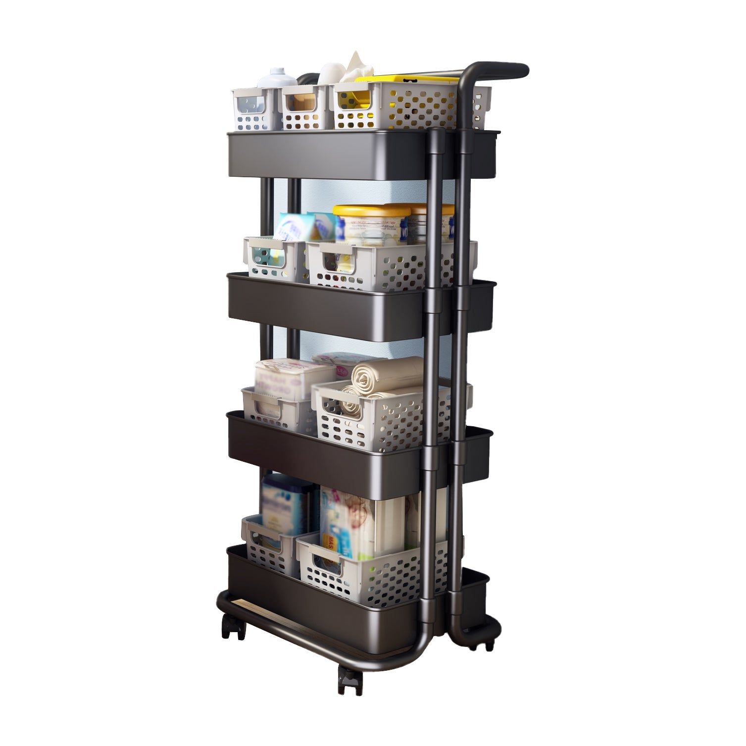 Modern Metal Frame Etagere Bookshelf White and Black Bookcase with Caster Wheels 16.5"L x 15.4"W x 41.9"H Black Clearhalo 'Bookcases' 'furn' 'furn_bookcases' 'Furniture' 'Office Furniture' 5220474