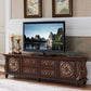 Console multimediale tradizionale in legno di gomma, supporto TV con finitura opaca e cassetti