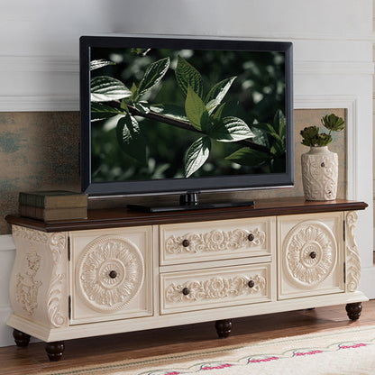 Console multimediale tradizionale in legno di gomma, supporto TV con finitura opaca e cassetti