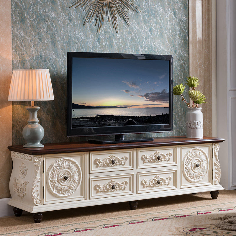 Console multimediale tradizionale in legno di gomma, supporto TV con finitura opaca e cassetti