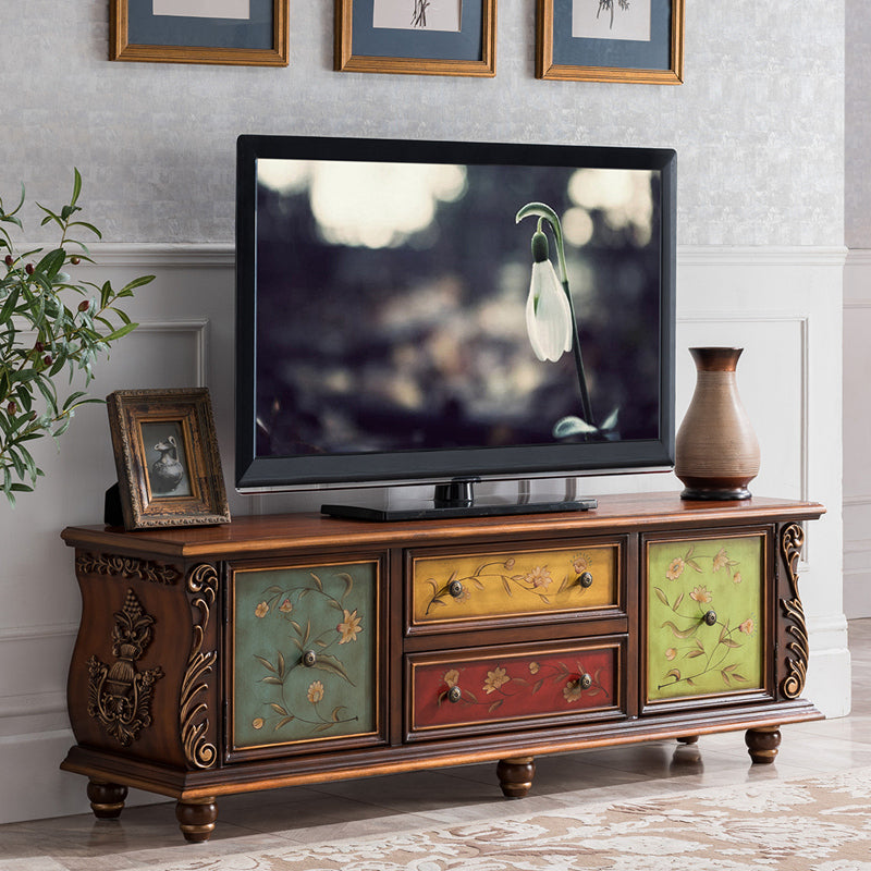 Console multimediale tradizionale in legno di gomma, supporto TV con finitura opaca e cassetti