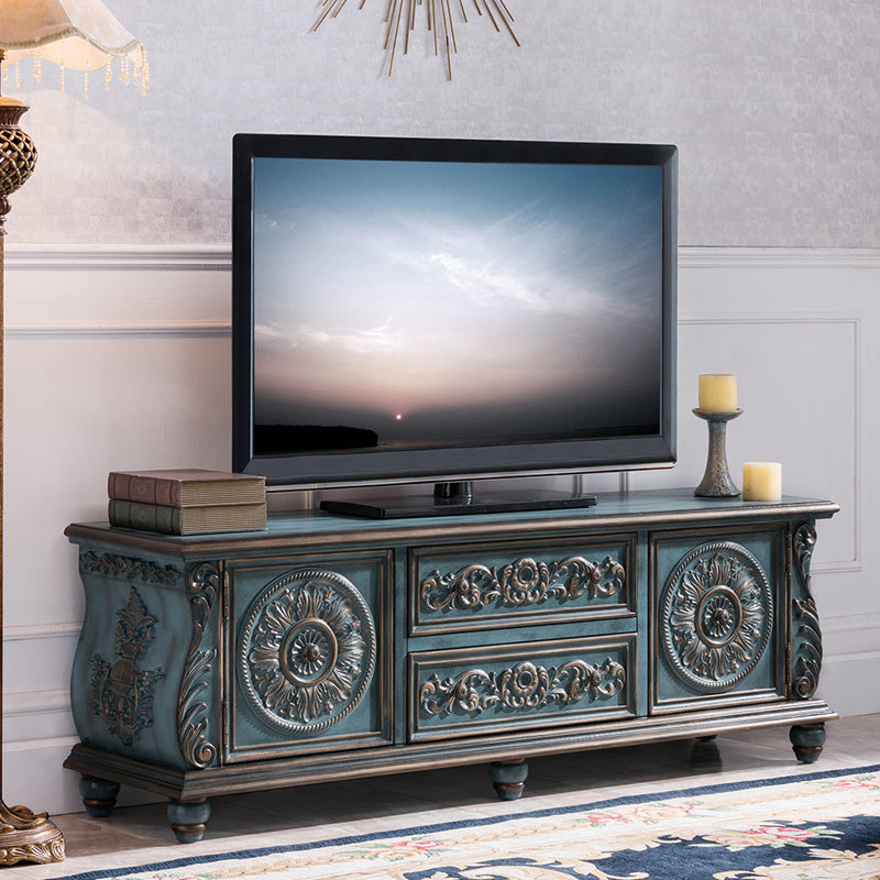 Console multimediale tradizionale in legno di gomma, supporto TV con finitura opaca e cassetti