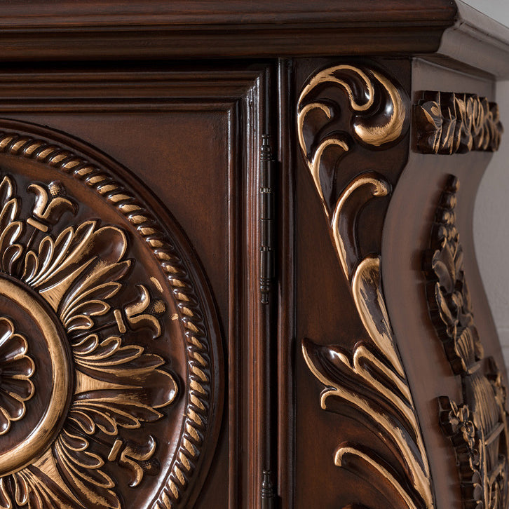 Console multimediale tradizionale in legno di gomma, supporto TV con finitura opaca e cassetti