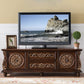 Console multimediale tradizionale in legno di gomma, supporto TV con finitura opaca e cassetti