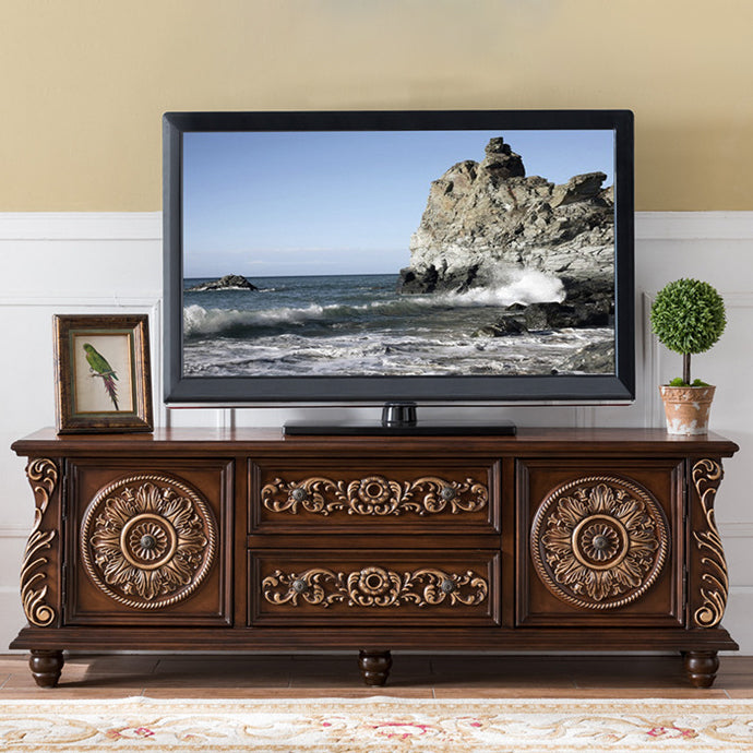 Console multimediale tradizionale in legno di gomma, supporto TV con finitura opaca e cassetti