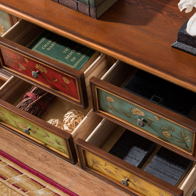 Console multimediale tradizionale in legno di gomma, supporto TV con finitura opaca e cassetti