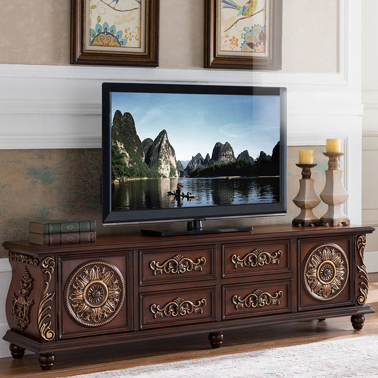 Console multimediale tradizionale in legno di gomma, supporto TV con finitura opaca e cassetti